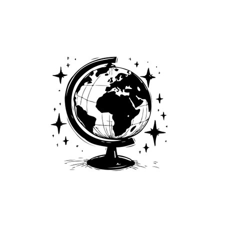 An elegant monochrome illustration of a globe surrounded by celestial stars, evoking a sense of exploration and global connection.のイラスト素材