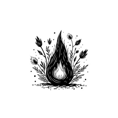 An artistic monochrome illustration features a stylized flame surrounded by delicate floral and botanical elements, creating a symbolic representation of energy and nature's beauty.のイラスト素材