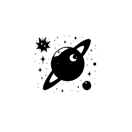 This illustration features a whimsical planet with a ring system surrounded by stars, ideal for adding a touch of cosmic charm to any design project.のイラスト素材