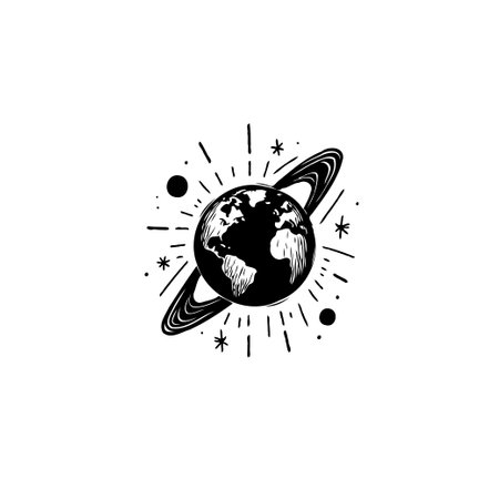 A minimalist design showcasing a stylized Earth encircled by rings, complemented by stars and cosmic elements. Perfect for conveying global concepts, astronomy, and ethereal art.のイラスト素材