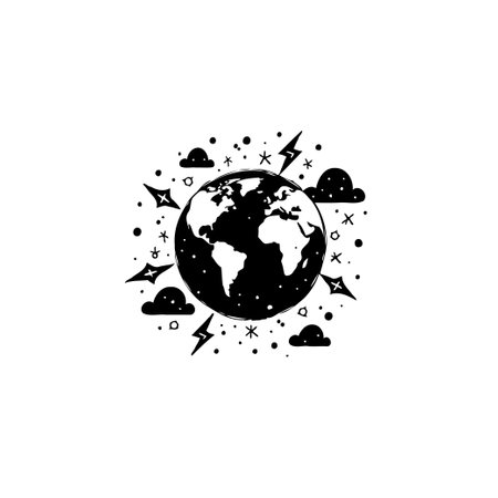 A minimalistic black and white drawing features Earth embraced by cosmic elements. Clouds and stars dance around, symbolizing exploration and wonder.のイラスト素材