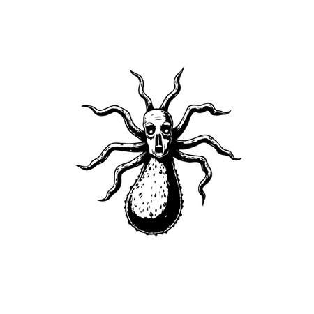 A creepy, surreal creature resembling a spider with a skull for a face. The artwork features a grotesque and gothic style, perfect for Halloween or fantasy-themed designs.のイラスト素材