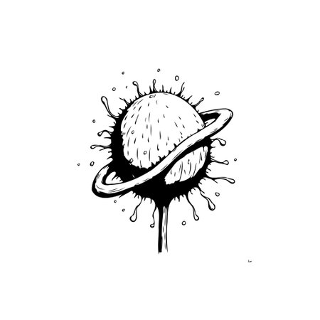 Abstract black and white drawing featuring a stylized planet with a prominent ring system, depicted with a splash effect for a unique, artistic design.のイラスト素材