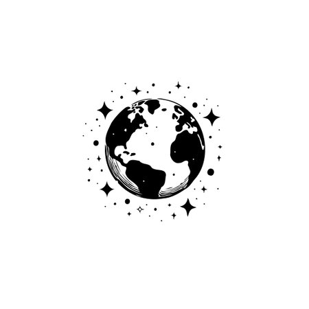 A minimalist black and white vector illustration depicts the Earth surrounded by twinkling stars, creating an elegant cosmic scene.のイラスト素材