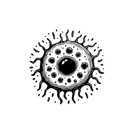 A monochrome illustration displays a stylized virus cell. Its intricate details and design create a striking visual impact, suitable for scientific or artistic purposes.のイラスト素材