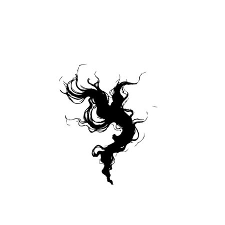 An abstract illustration features a dynamic dark ink splatter. The fluid shape creates an organic yet mysterious form, perfect for modern design or creative projects.のイラスト素材