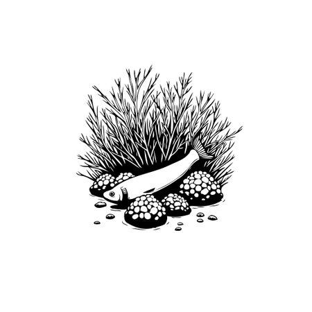 A monochrome illustration depicts a fish resting among rocks and lush aquatic plants, capturing a tranquil natural scene. Simple yet artistic, conveying peaceful underwater habitat.のイラスト素材