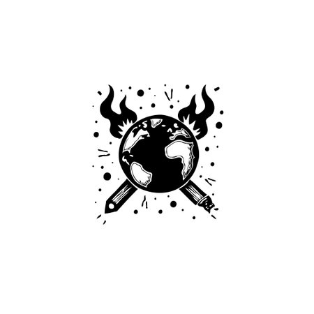 An illustrative icon showing a globe crossed by two pencils and surrounded by flames, ideal for representing global creativity, education, or artistic expression.のイラスト素材