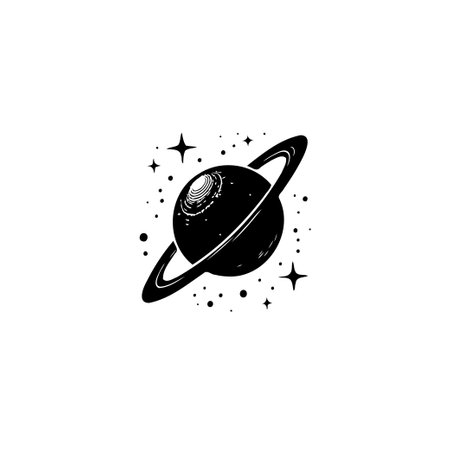 A simple yet captivating black and white illustration showcasing Saturn surrounded by twinkling stars creating a sense of cosmic wonder and explorationのイラスト素材