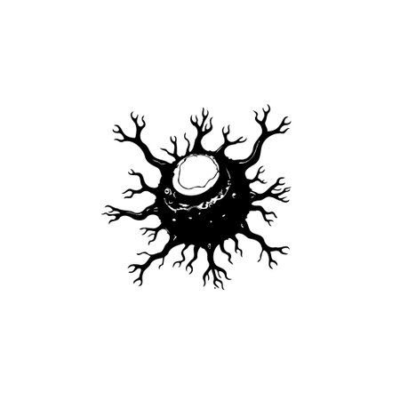 A minimalist black and white illustration depicting a neuron or cell, showcasing its branching dendrites. Ideal for science, medical, or educational contexts.のイラスト素材
