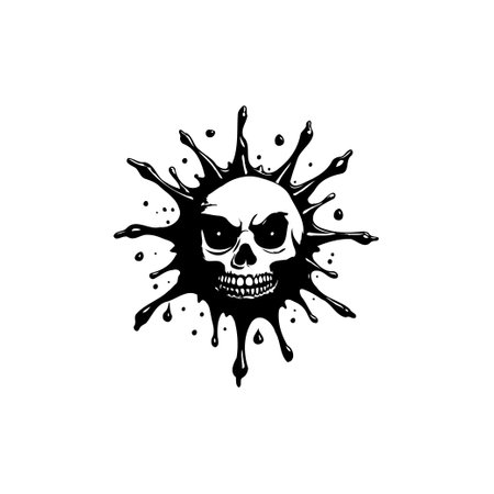 A striking black and white illustration featuring a skull at the center of an ink splatter, perfect for tattoos, graphic design, or adding a touch of macabre to your projects.のイラスト素材