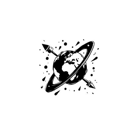 This monochromatic illustration features the earth pierced by an arrow and encircled by a ring, symbolizing global connection and the journey of exploration.のイラスト素材