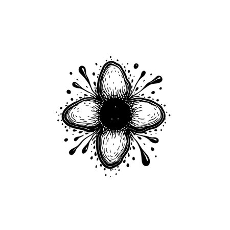 A detailed black and white drawing of a flower, featuring textured petals and ink splatters, conveying a unique and artistic style. Suitable for botanical illustrations and decorative designs.のイラスト素材