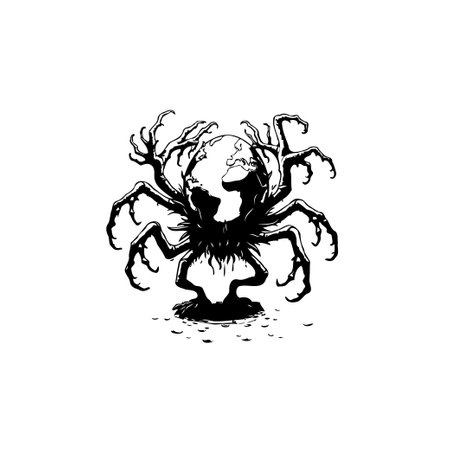 Stylized spider with world globe body depicts a dark and metaphorical representation of global environmental threats. Illustration highlights climate change and pollution.のイラスト素材