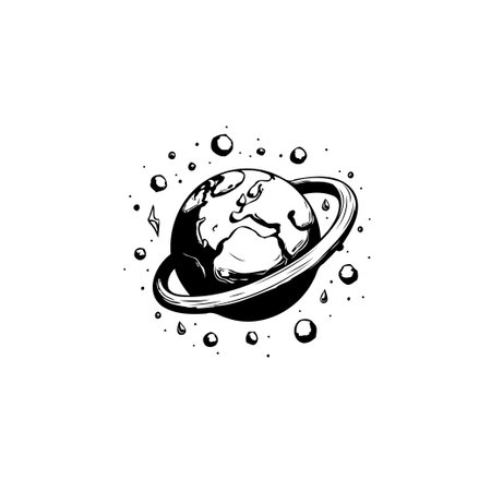 A hand-drawn illustration featuring planet earth with a ring around it, set against a clean white background. The artwork evokes themes of space, astronomy and planetary science.のイラスト素材