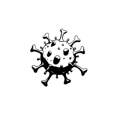 A detailed black and white illustration depicts a coronavirus viral particle. This image visually represents the microscopic nature of the virus and its potential health implications.のイラスト素材