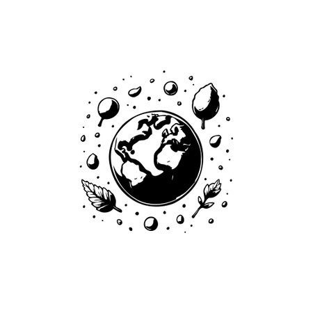 A minimalist black and white illustration featuring the earth surrounded by natural elements, symbolizing environmental consciousness and sustainability efforts.のイラスト素材