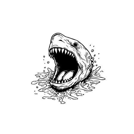 A striking black and white illustration of a shark emerging from the water with its mouth wide open. Its sharp teeth and powerful presence convey a sense of danger and raw power.のイラスト素材