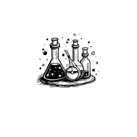 A black and white illustration depicting laboratory equipment, evoking science, chemistry, and discovery. This graphic can be used to represent medical research, education, or general scientific exploration.のイラスト素材