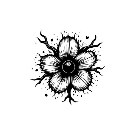 A monochrome botanical illustration features a single flower with detailed linework, creating an elegant and artistic design. Perfect for tattoos and decorations.のイラスト素材
