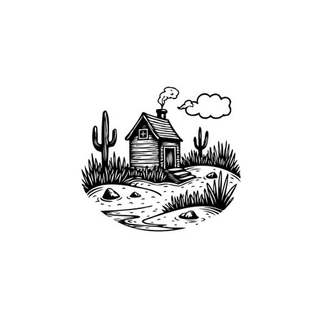 A detailed monochrome illustration featuring a rustic cabin surrounded by desert vegetation, evoking a sense of peace and solitude in nature.のイラスト素材