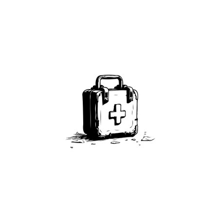A stylized black and white illustration of a first aid kit, symbolizing medical care and emergency preparedness. A simple and clear symbol for health.のイラスト素材