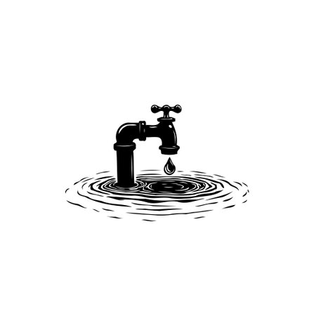 A striking monochrome vector art illustrating a faucet with a dripping drop of water, symbolizing water conservation, resource management, and potential wastage.のイラスト素材