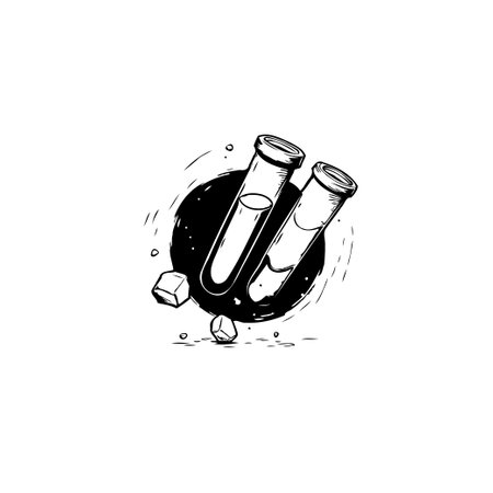 A dynamic black and white sketch depicts two test tubes within a circular, grunge-style frame. The artistic design evokes a sense of scientific exploration and research.のイラスト素材