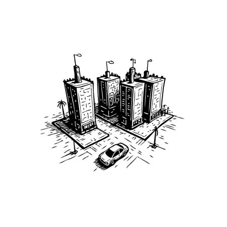 Black and white illustration of a modern city featuring skyscrapers and a car on the street. It's an artistic depiction of urban architecture and transportation.のイラスト素材