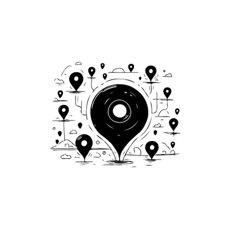 A digital illustration in black and white displays map marker icons, symbolizing location tracking, gps and navigation services, ideal for mapping or travel themes.のイラスト素材