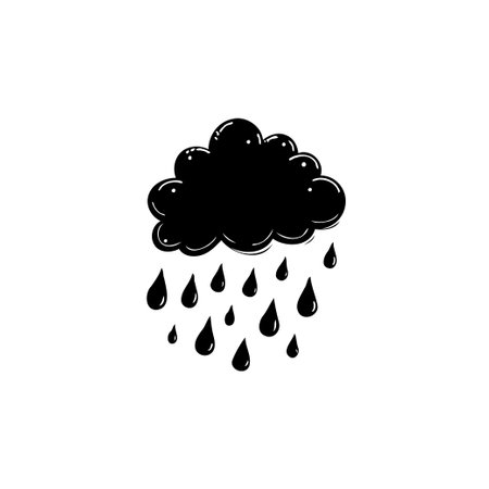 A minimalist monochrome illustration shows a rain cloud with water droplets falling. An icon representing bad weather and precipitation.のイラスト素材