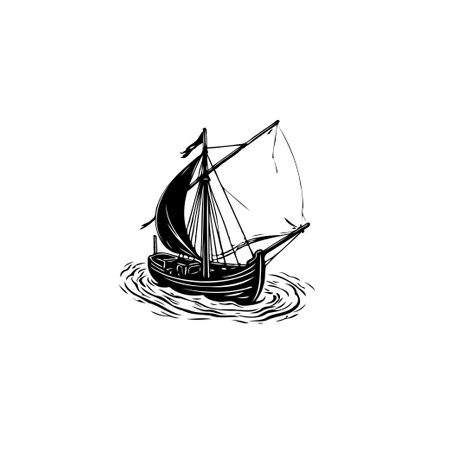 A vintage-style illustration of a sailing ship on the water, depicted in black and white with...