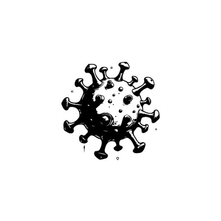 This image features a detailed, monochrome illustration of a Coronavirus cell, representing a critical element in global health concerns and scientific studies.のイラスト素材
