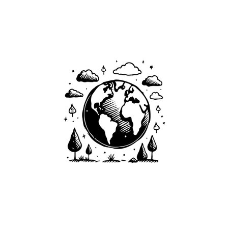 A hand-drawn image featuring the Earth globe encircled by trees and clouds, representing nature, ecology, and environmental awareness. It symbolizes conservation and sustainability.のイラスト素材