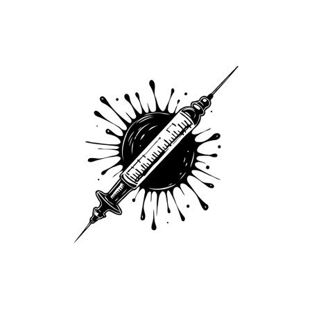 Stylized graphic illustration of a syringe, emphasizing its role in medicine and healthcare, surrounded by splatters, highlighting medical concepts.のイラスト素材