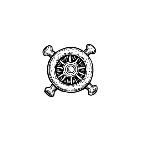 This hand-drawn illustration features a vintage steering wheel, evoking a sense of nautical adventure and classic seafaring. Perfect for designs needing a retro or maritime touch.のイラスト素材
