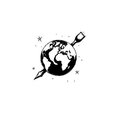 A minimalist black and white drawing depicting the Earth pierced by an arrow, symbolizing challenges, global impact, and perhaps a specific travel destination or business target.のイラスト素材