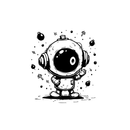 A captivating black and white illustration of a cartoon astronaut, ideal for adding a whimsical touch to various creative projects. Perfect for space and technology enthusiasts.のイラスト素材