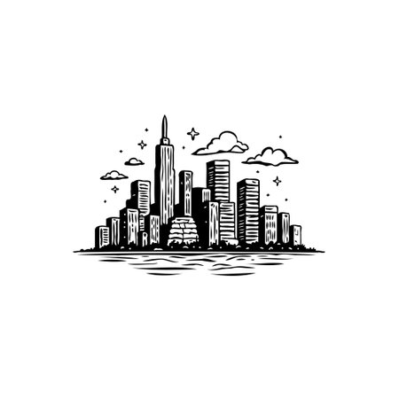 A black and white hand-drawn illustration of a city skyline with skyscrapers, clouds and stars, ideal for travel and architectural themes.のイラスト素材