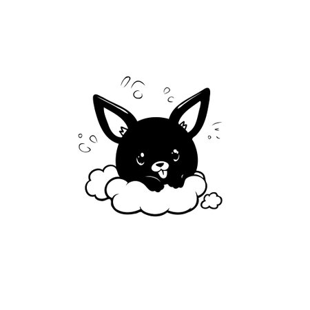 A charming hand-drawn illustration features a cute bunny nestled in fluffy clouds, rendered in a whimsical black and white style.のイラスト素材