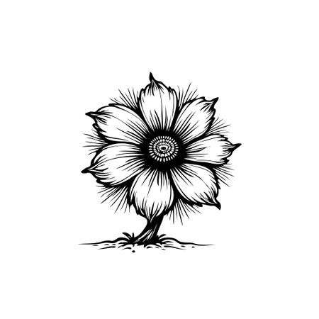 A monochrome botanical illustration features a single flower with intricately detailed petals and a delicate stem. This drawing showcases the flower's organic beauty and graceful design.のイラスト素材