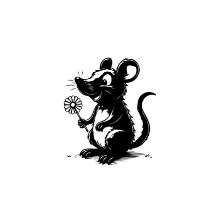 A delightful black and white illustration of a cute mouse holding a daisy. Perfect for children's books or nature-themed designs.のイラスト素材