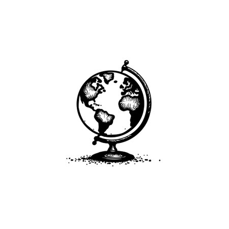 A black and white vintage-style illustration of a world globe, evoking a sense of exploration, geographical knowledge, and global awareness. It's a timeless symbol of education and discovery.のイラスト素材