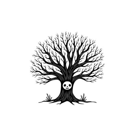 A black and white vector illustration of an old, spooky tree with a skull face in its trunk, isolated on a white background.のイラスト素材