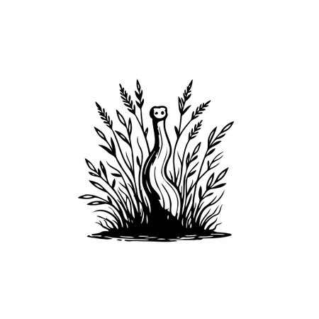 A stylized black and white illustration featuring a mystical creature emerging from foliage. The design evokes a sense of elegance and wonder, suitable for various creative applications.のイラスト素材