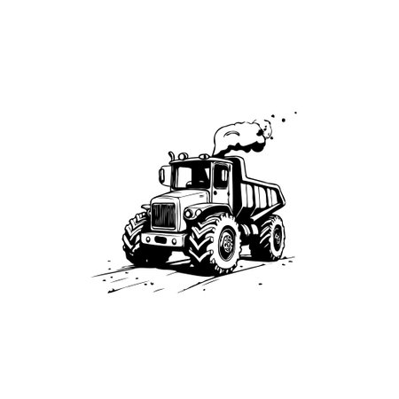 Monochrome illustration of a heavy dump truck with smoke emitting from its exhaust, isolated on a clean white background, suitable for various creative projects.のイラスト素材