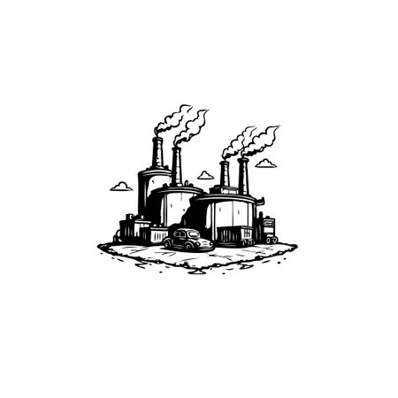 Stylized monochrome illustration of a factory with smoke billowing from its chimneys, a car parked in front, and a small truck nearby. The image conveys industrial activity and pollution.のイラスト素材