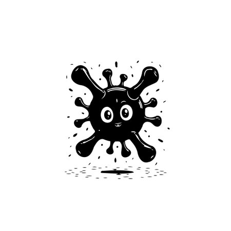 A cartoon-style illustration shows a coronavirus cell with a playful face. Symbolizing health, science, and the concept of viruses in a simplified and approachable manner.のイラスト素材