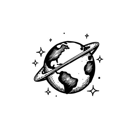 This is a minimalist illustration of planet earth with a ring, surrounded by stars in a simple black and white doodle style, perfect for adding a touch of cosmic charm to any projectのイラスト素材