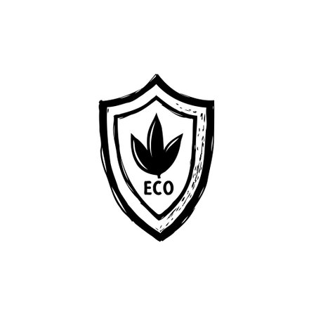 This image features a vector drawing of a shield logo containing a leaf, symbolizing environmental protection, sustainability, and eco-friendly products or services. It can be used to promote organic items and healthy living.のイラスト素材